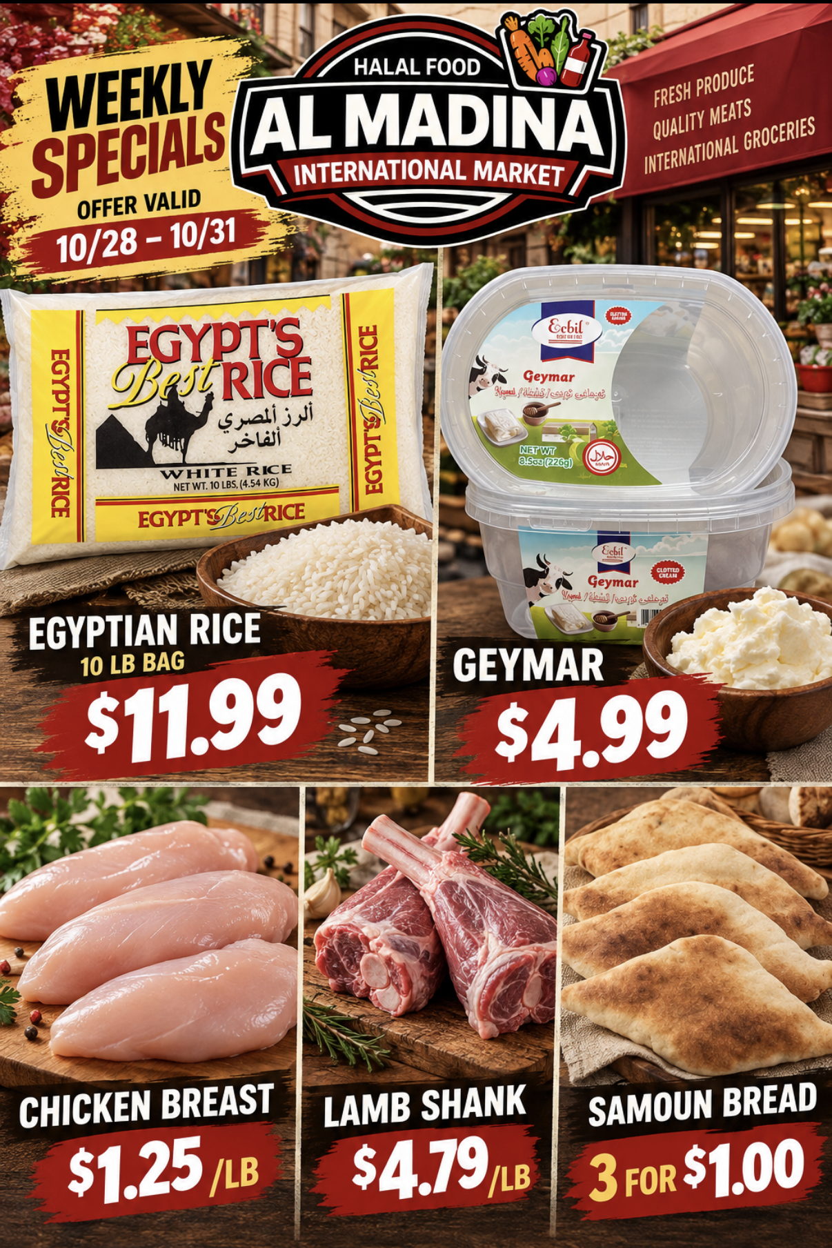 Al Madina weekly grocery specials, October 28–31: Egyptian rice 10 lb bag $11.99, geymar $4.99, chicken breast $1.25 per lb, lamb shank $4.79 per lb, and Samoun bread 3 for $1.00